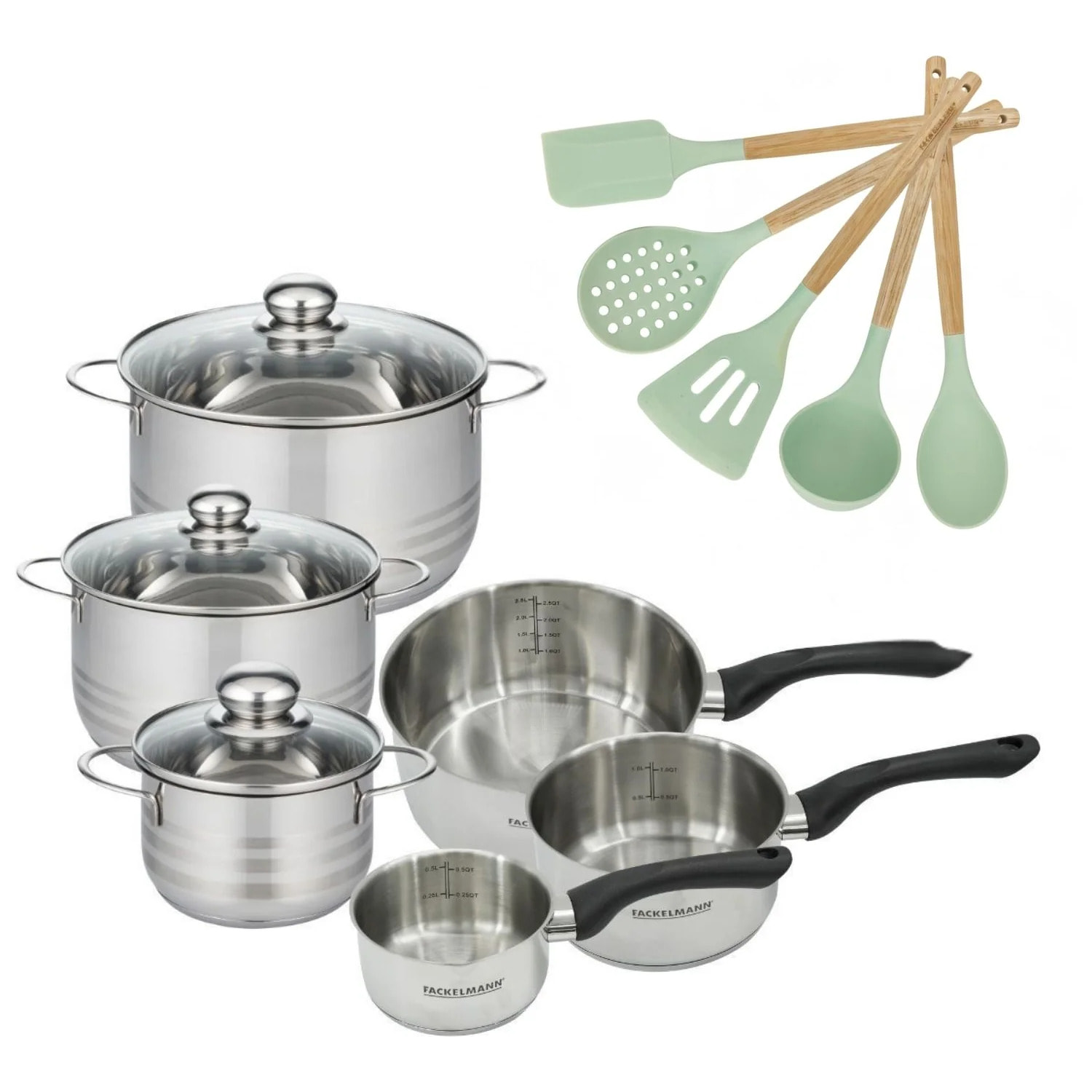Batterie de cuisine avec 3 faitouts 16/20/24 cm et 3 casseroles 12/16/20 cm avec 5 ustensiles de cuisine sans PFAS Fackelmann Généva Brillant Ocean