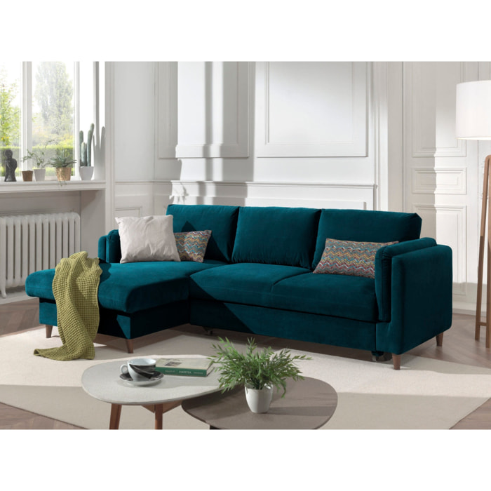 Brooke - canapé d'angle gauche - convertible avec coffre - 4 places - en velours - Bleu canard