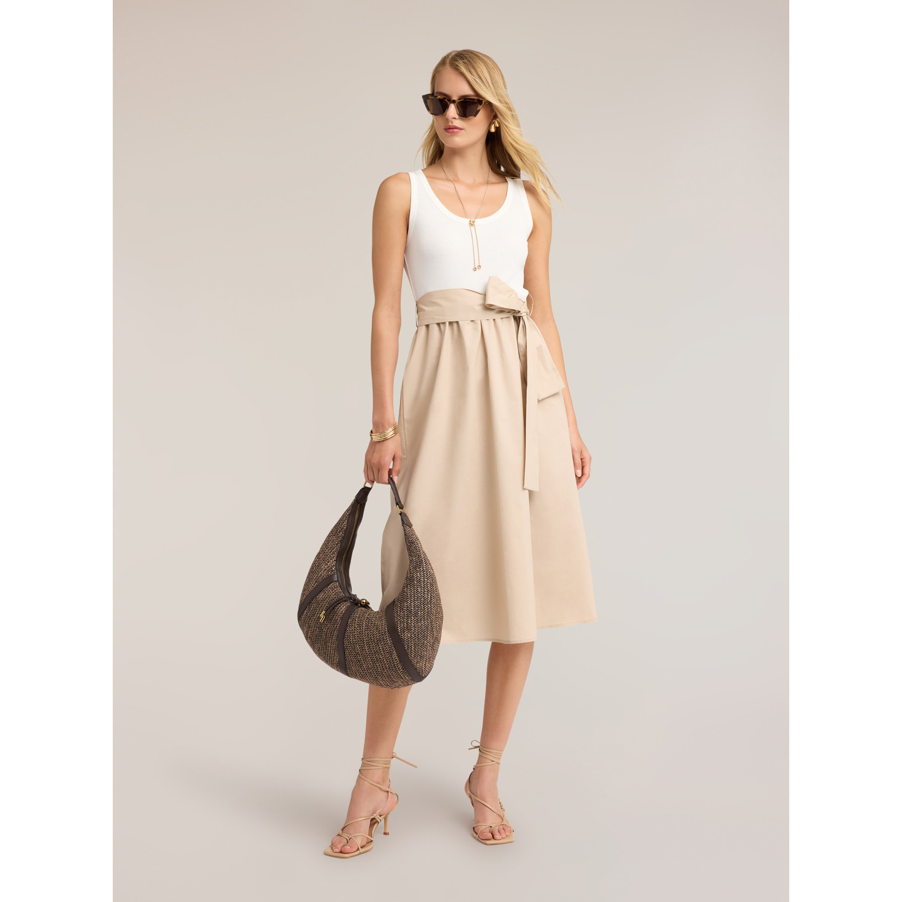Motivi - Vestido flare en popelín con lazo en la cintura - Beige