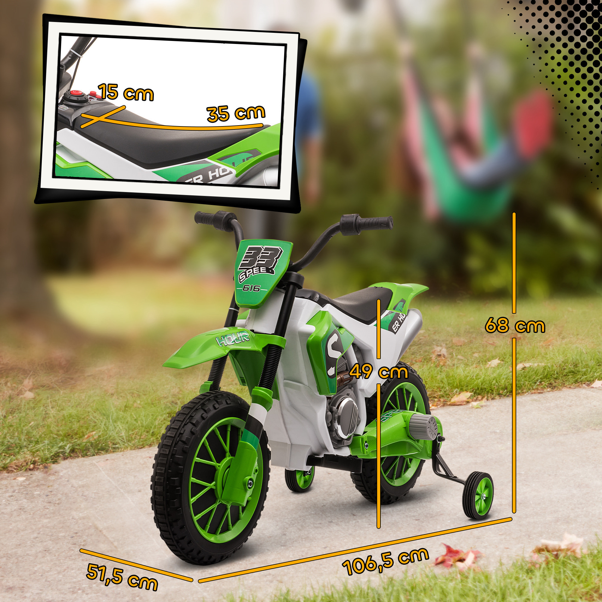 Moto Eléctrica para Niños de +3 Años 12V Moto de Juguete Infantil con 2 Ruedas de Equilibrio Velocidad 3-8 km/h Arranque Suave 106,5x51,5x68 cm Verde