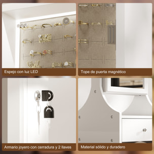 Espejo Joyero con Luces LED, Armario para Joyas, Armario Joyero con Espejo Entero de Ángulo Ajustable, Cajones, Mesa Interior Plegable, Cerradura, Luces Apagado Automático, Blanco y Forro Beige