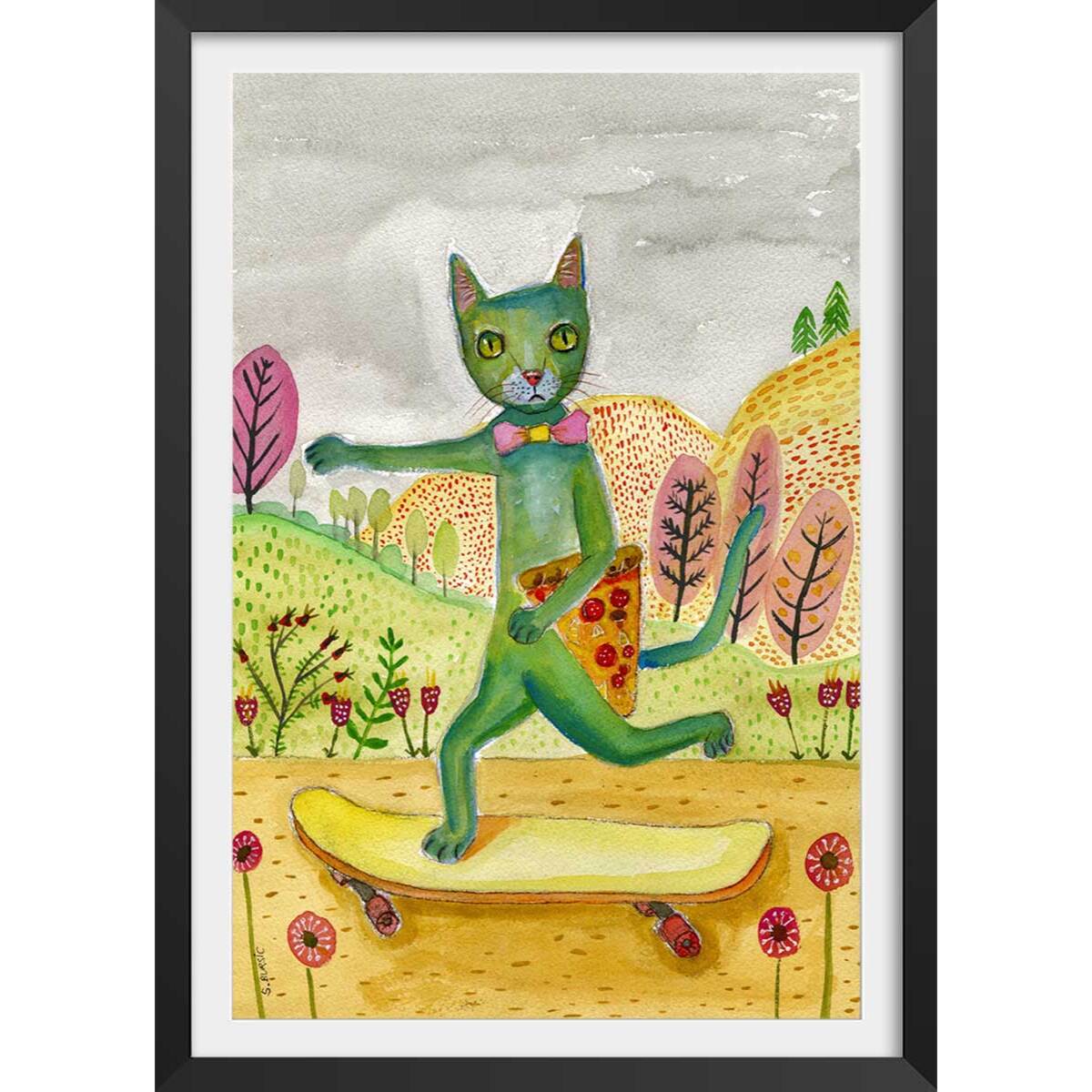 Affiche enfant pizza cat  Affiche + cadre en bois - Noir