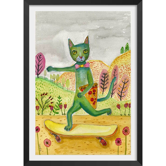 Affiche enfant pizza cat  Affiche + cadre en bois - Noir
