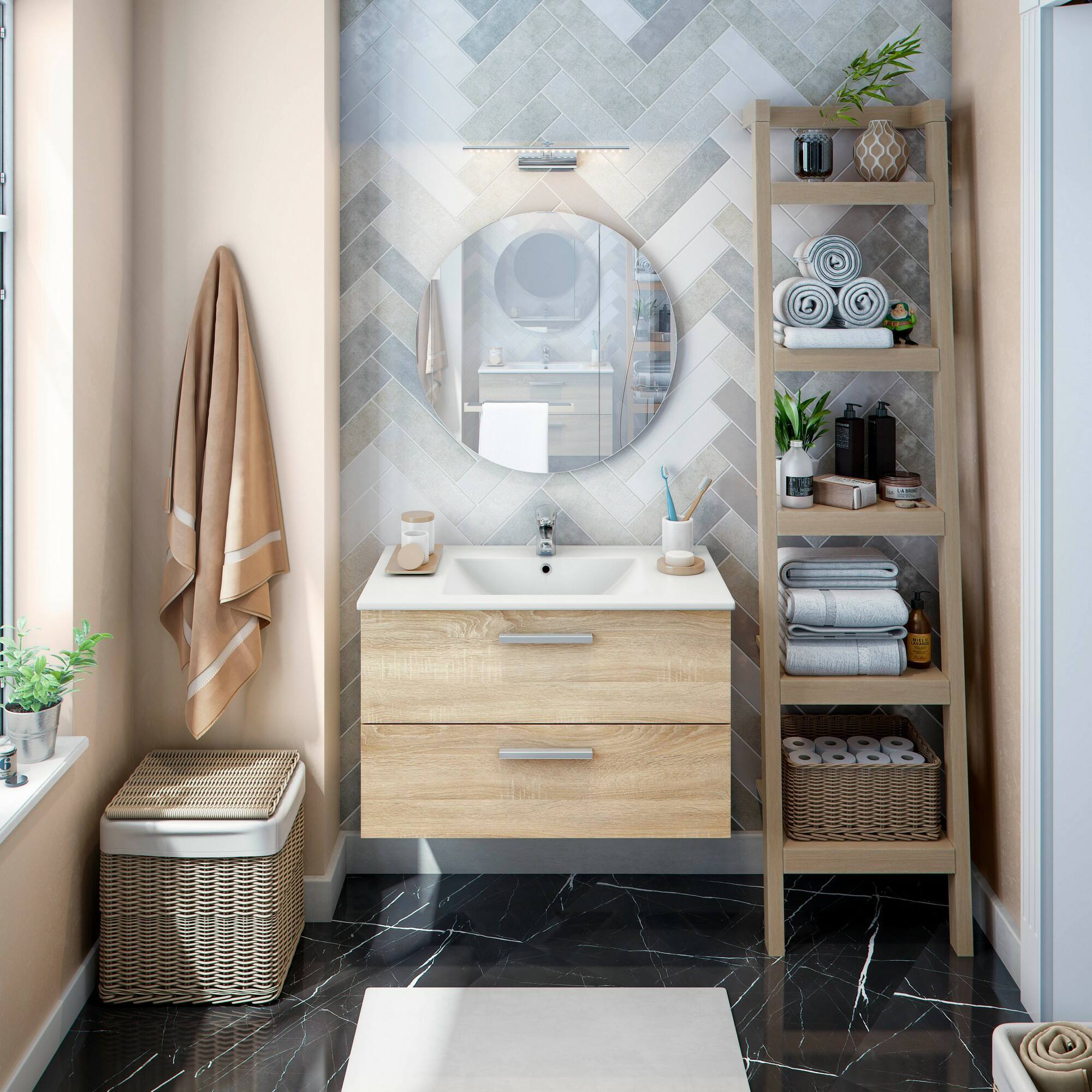 Mobile sottolavabo Felix, Mobiletto da bagno, Contenitore porta lavabo, Armadio per lavandino, 80x45 h50 cm, Rovere