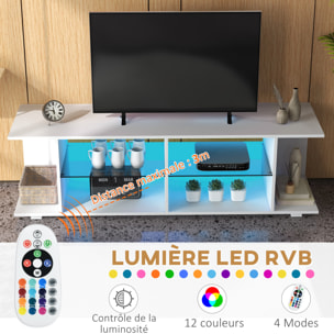 Meuble banc TV sur pieds avec lumières LED - 2 étagères en verre trempé pour télévision jusqu'à 60 pouces style contemporain - 145 x 40 x 45 cm blanc