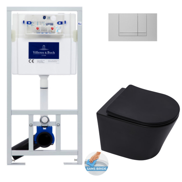 Pack WC Bâti-support Viconnect + WC sans bride Infinitio Noir mat  + Abattant softclose + Plaque chrome mat