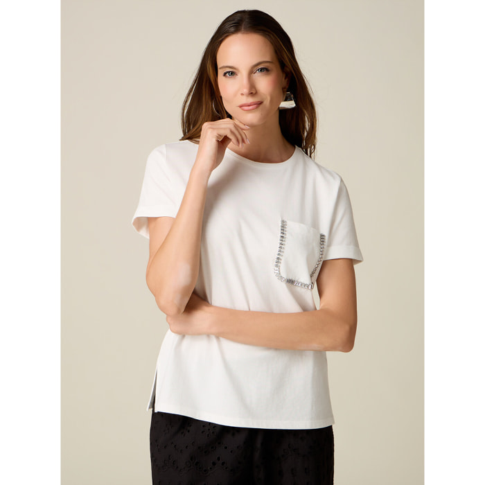 Oltre - T-shirt con taschino bordato di cristalli - Bianco