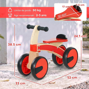 Porteur en bois 4 roues selle avec rebord naturel noir rouge