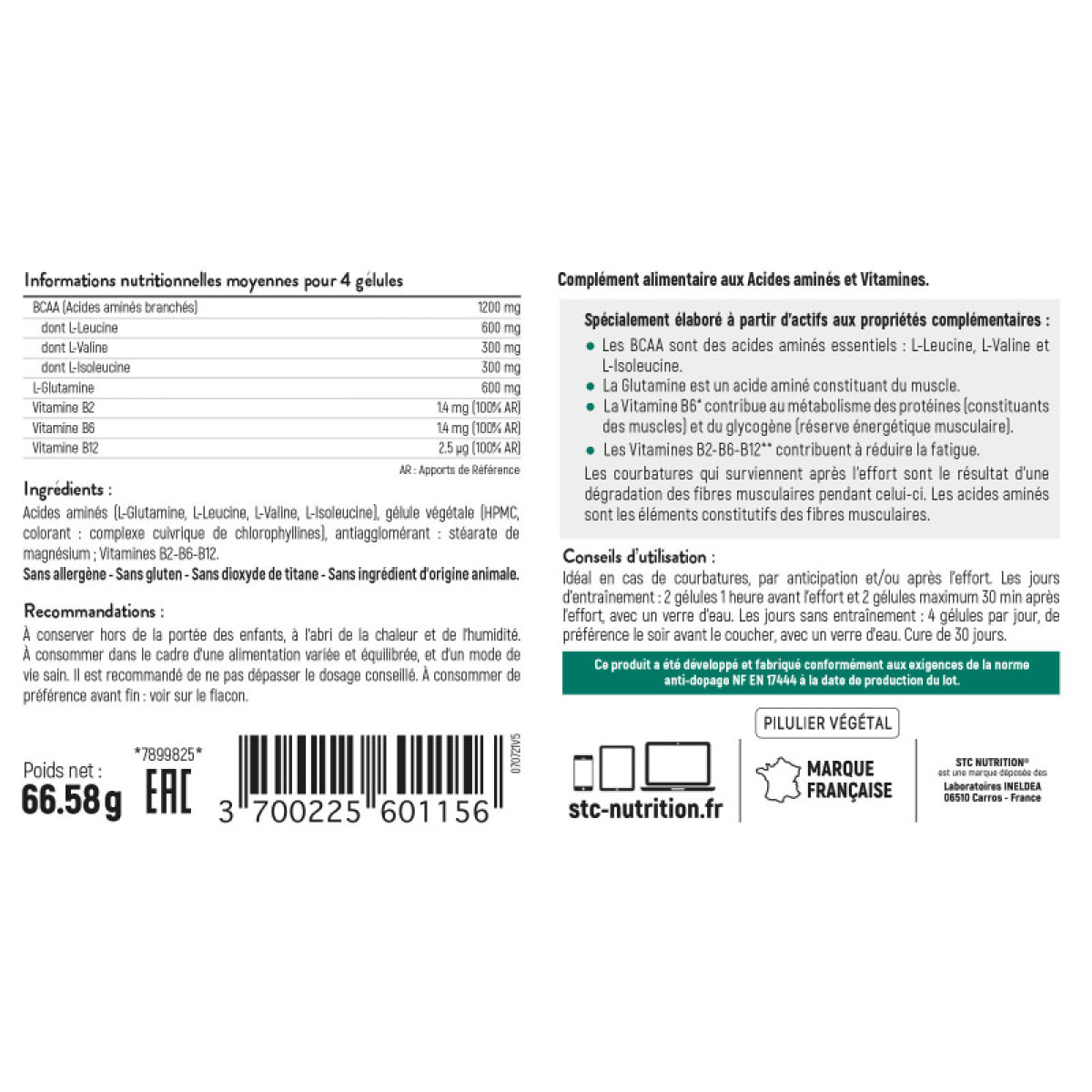 BCAA Synergy+ - Complément alimentaire riche en acides aminés branchés - Augmente la résistance à l'effort - Réduit la fatigue musculaire - Limite les courbatures - Lot de 2