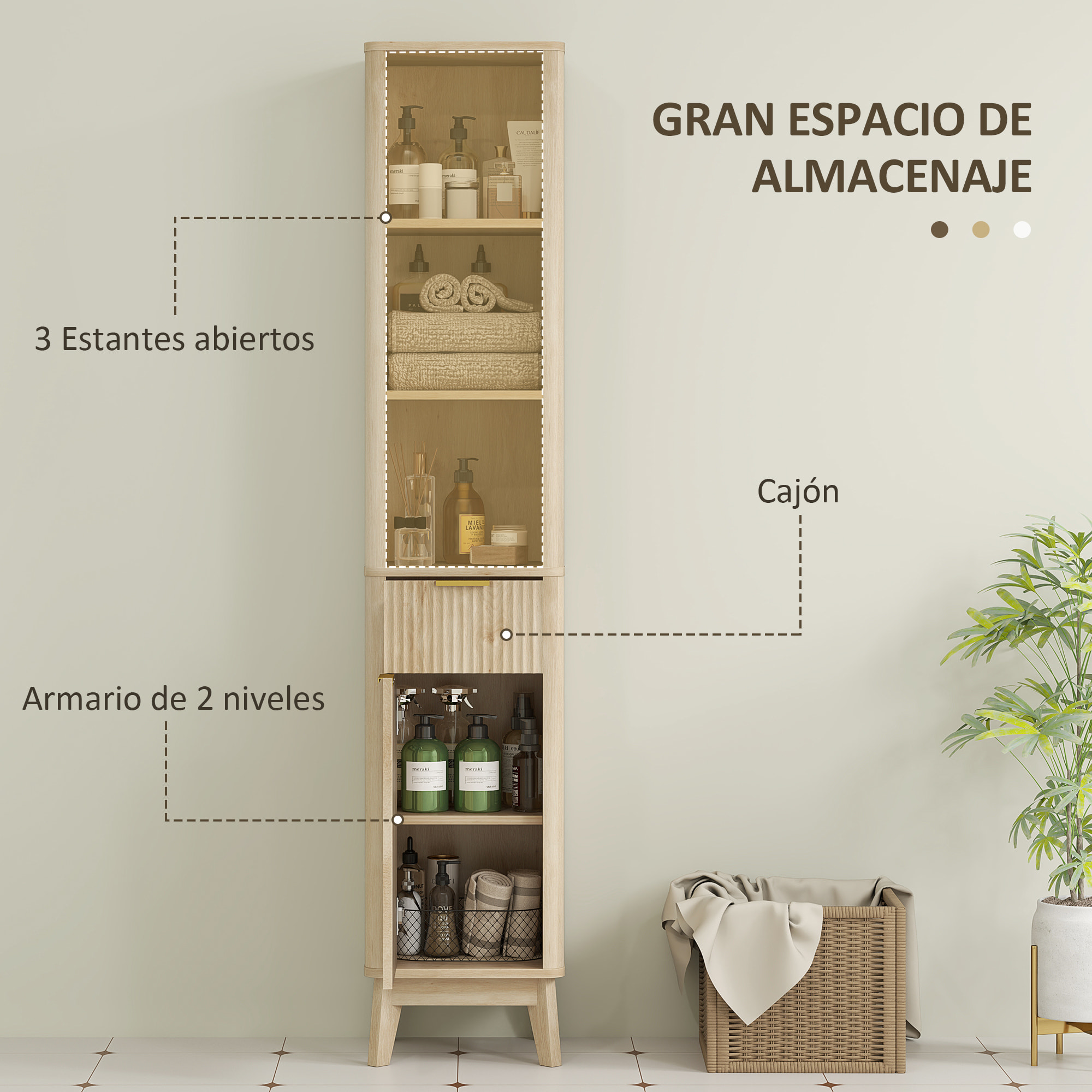 Columna de Baño Mueble de Baño Estrecho con Puerta de Acanalado Cajón 3 Compartimentos Abiertos y Estantes Ajustables Armario Alto de Baño Moderno 33x30x170 cm Natural