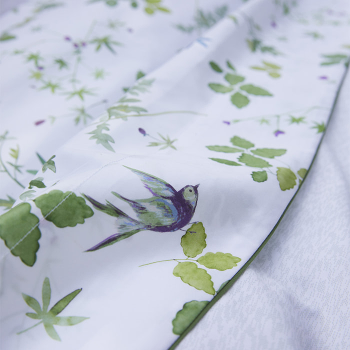 Drap plat imprimé en satin de coton bio, ENVOLEE, Blanc