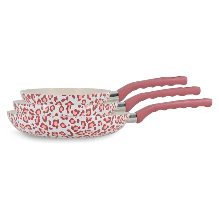 Lot de 3 poêles en aluminium recyclé motif léopard rose LEOPARD