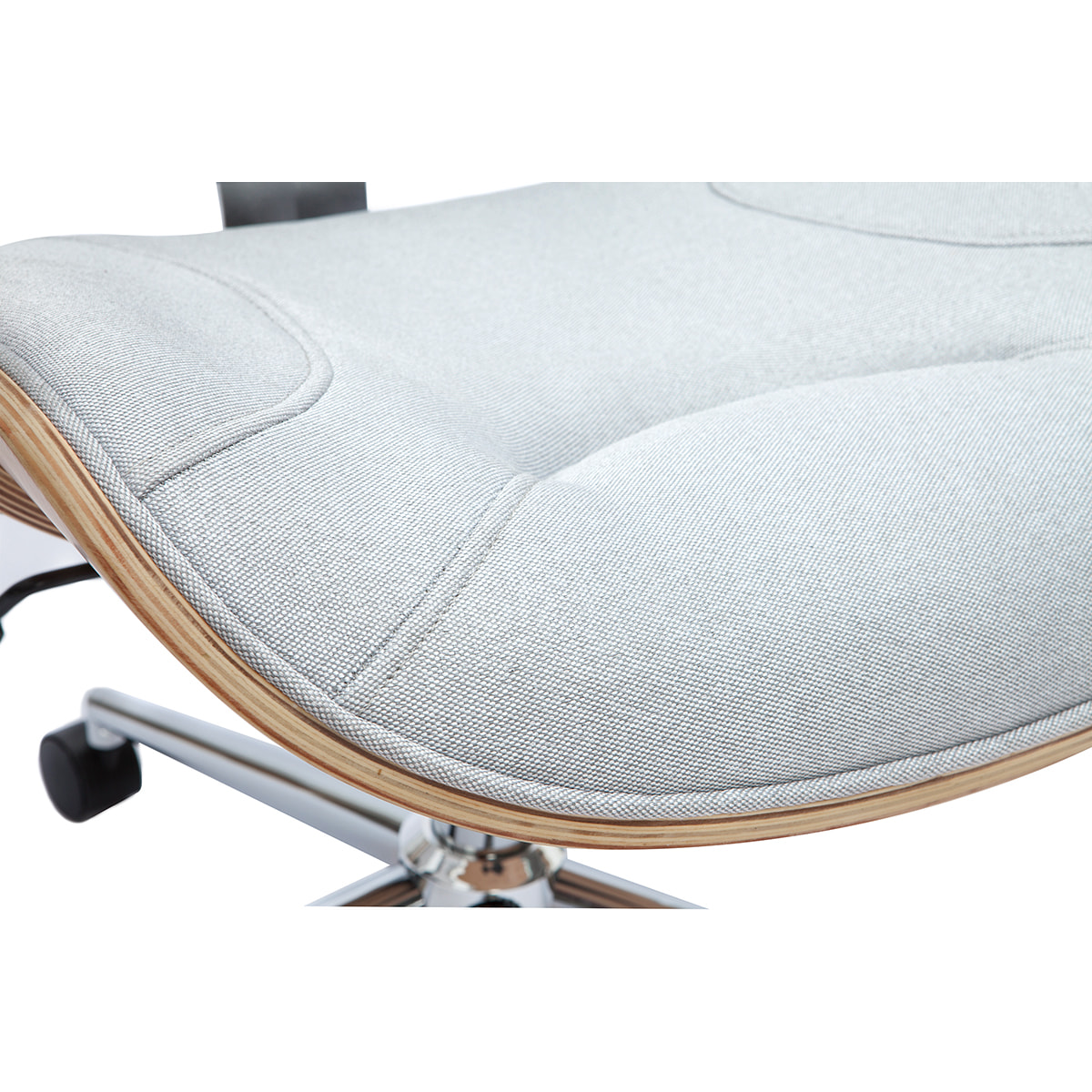 Chaise de bureau à roulettes design en tissu gris clair, bois clair et acier chromé YORKE