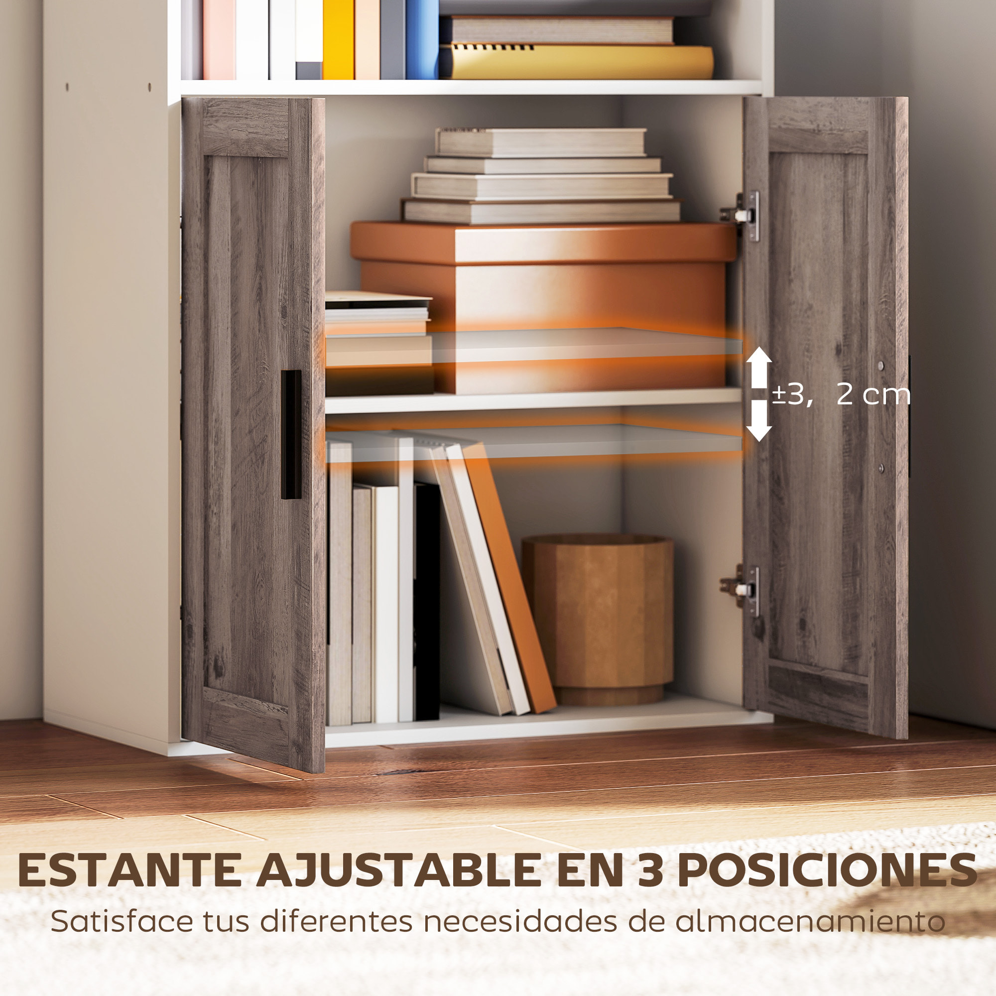 Estantería para Libros Estrecha, Librería con Puertas, Estantes Abiertos y Armario con Balda Ajustable, para Salón, Estudio, Oficina, 60x30x149,5 cm, Blanco y Marrón