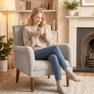 Sillón Relax, Sofá Individual, Tapizado en Lino, Reposabrazos Estilizados, Patas de Madera Maciza, Acolchado Grueso para Salón, Dormitorio y Oficina, Gris