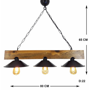 Suspension rustique 3 lampes bois et noire IRIS