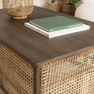 ISA - Table basse en bois de manguier foncé, patchwork cannage naturel