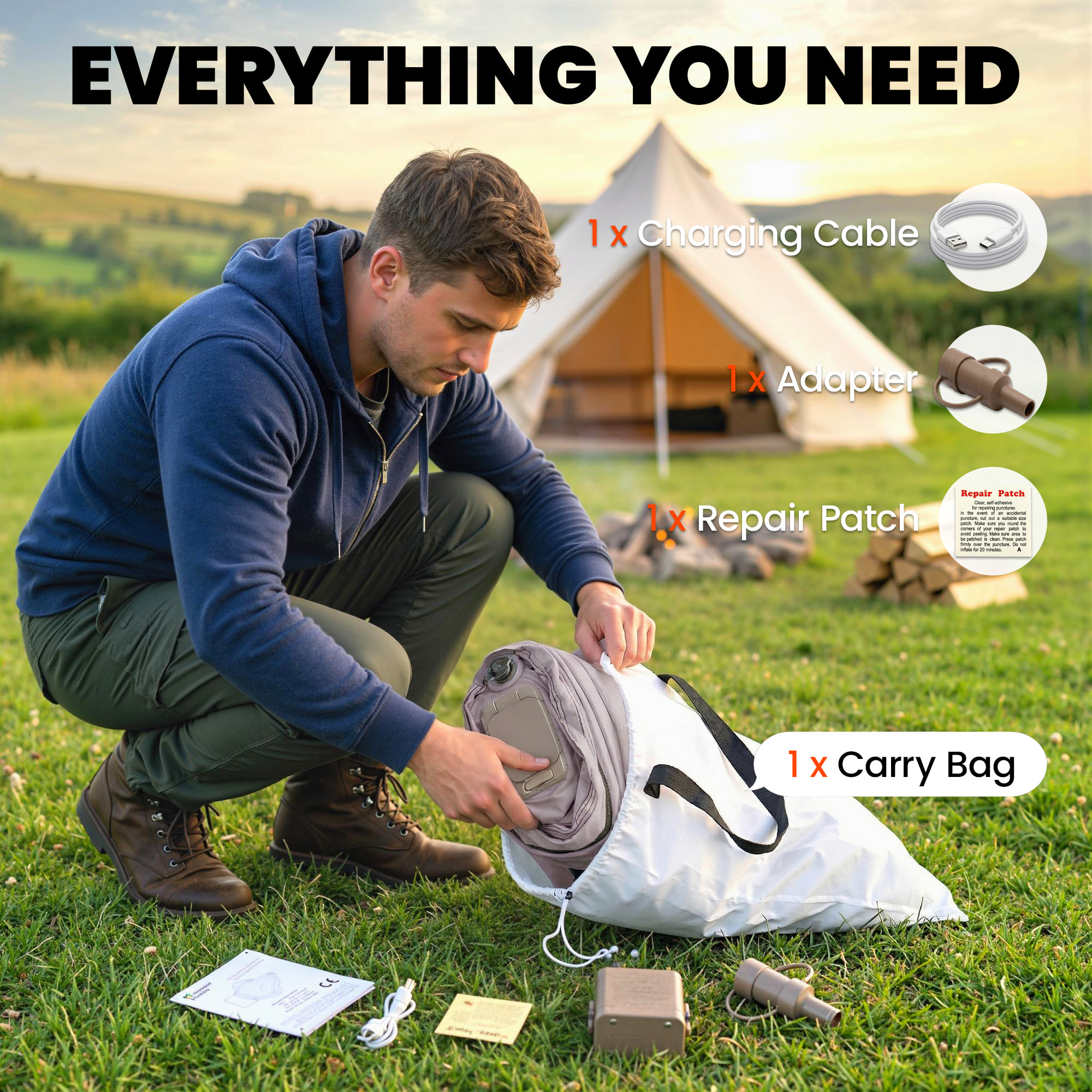 Matelas gonflable électrique - 1 personne - gonfleur intégré - floqué kaki grisé