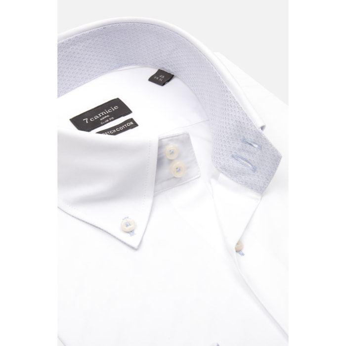 Camicia Uomo 2 Bottoni Button Down Slim Popeline Stretch Unito Bianco