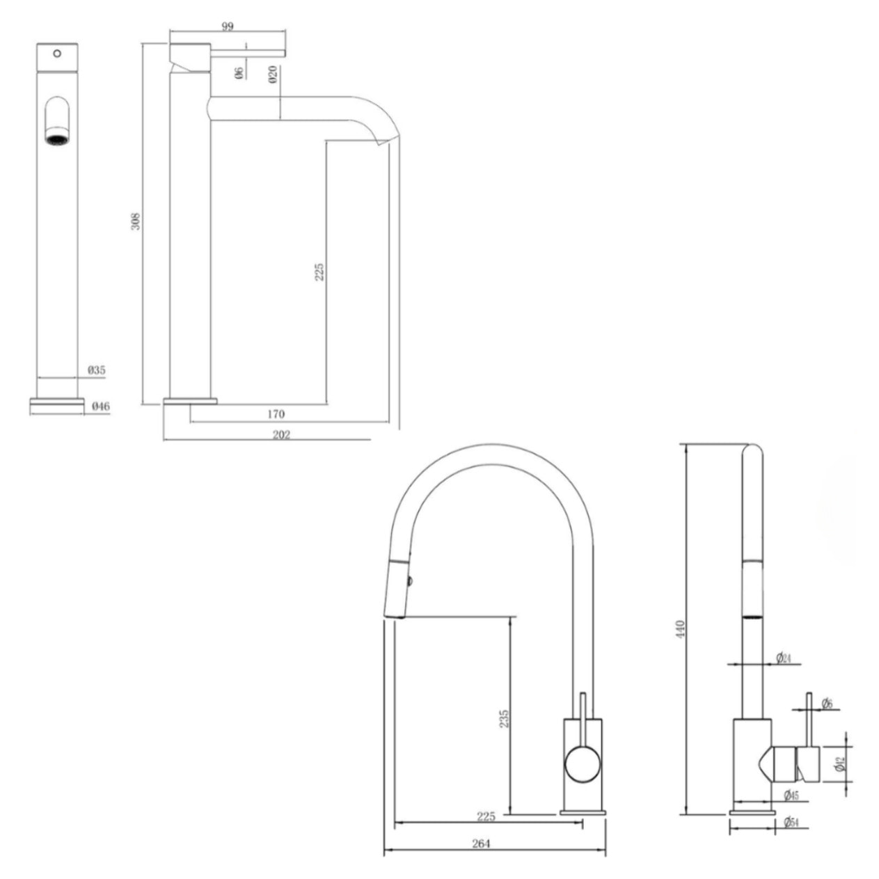 Aurum set mitigeur lavabo haut en acier inoxydable + mitigeur cuisine avec douchette extractible, or brossé (SATBA286BG)