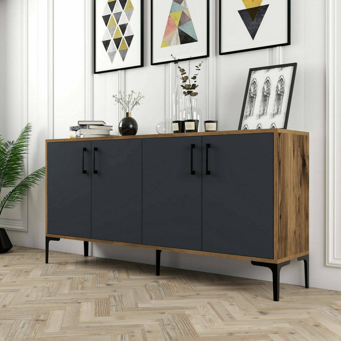 Credenza Daltobell, Buffet da soggiorno, Madia da salotto, Dispensa da cucina, 160x35h78 cm, Noce e Antracite