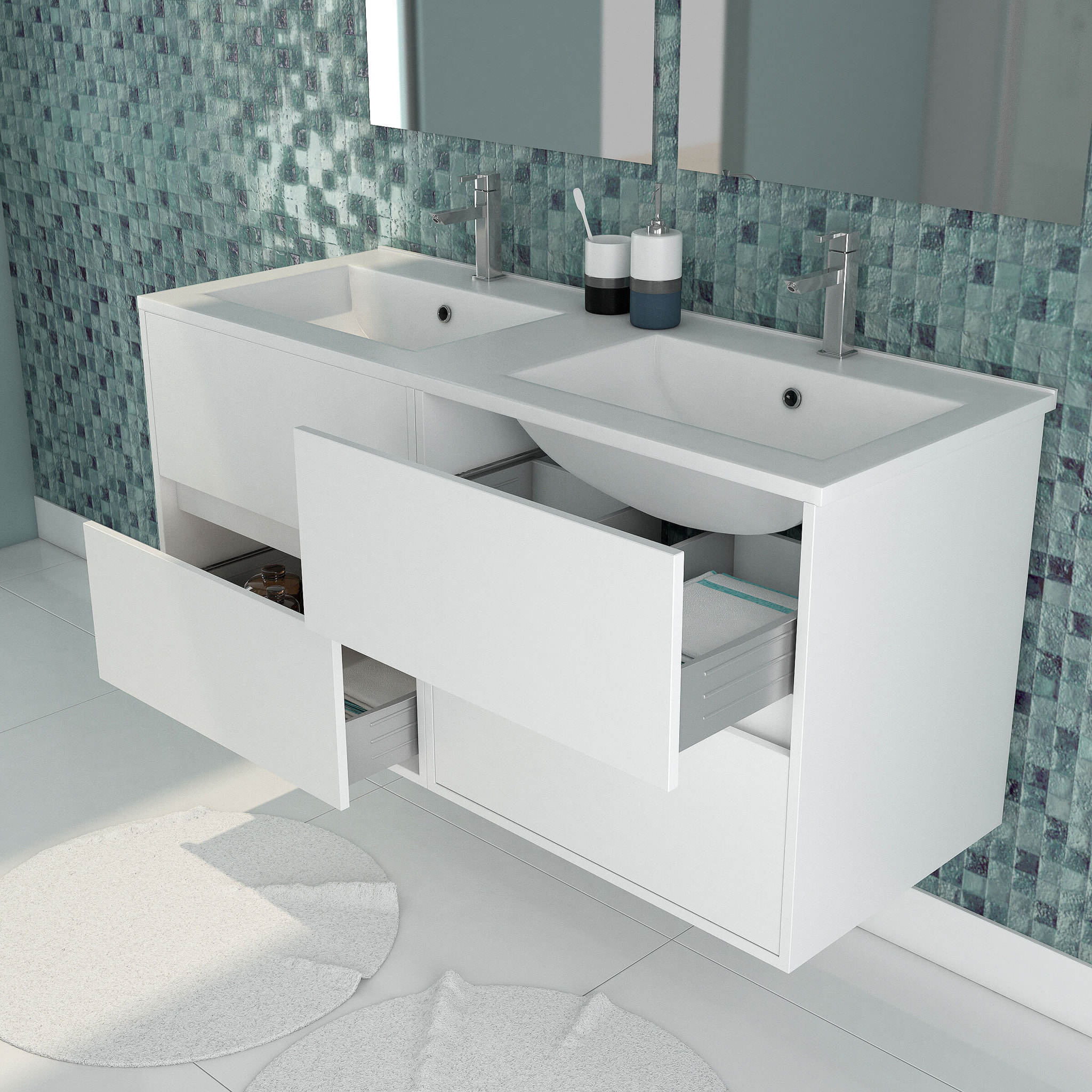 Meuble Salle de Bains 120 cm Laqué Blanc 4 Tiroirs, Vasque, Miroirs 60x80 et Réglettes Led - XENOS