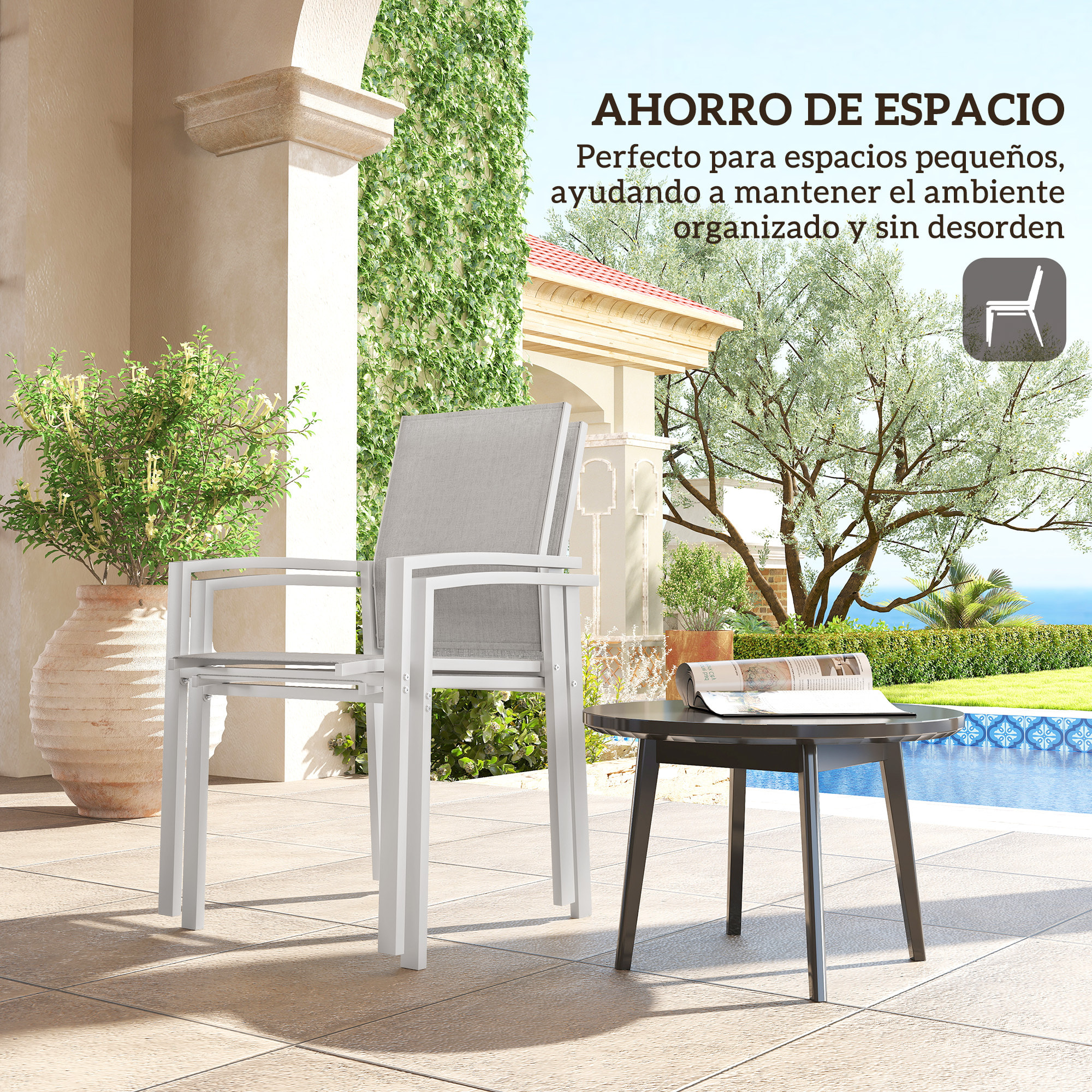 Juego de 2 Sillas de Jardín Exterior Sillas Terraza Exterior Apilables Sillones de Comedor con Tela Transpirable Marco de Acero Reposabrazos y Respaldo 56x58x89 cm Gris Claro