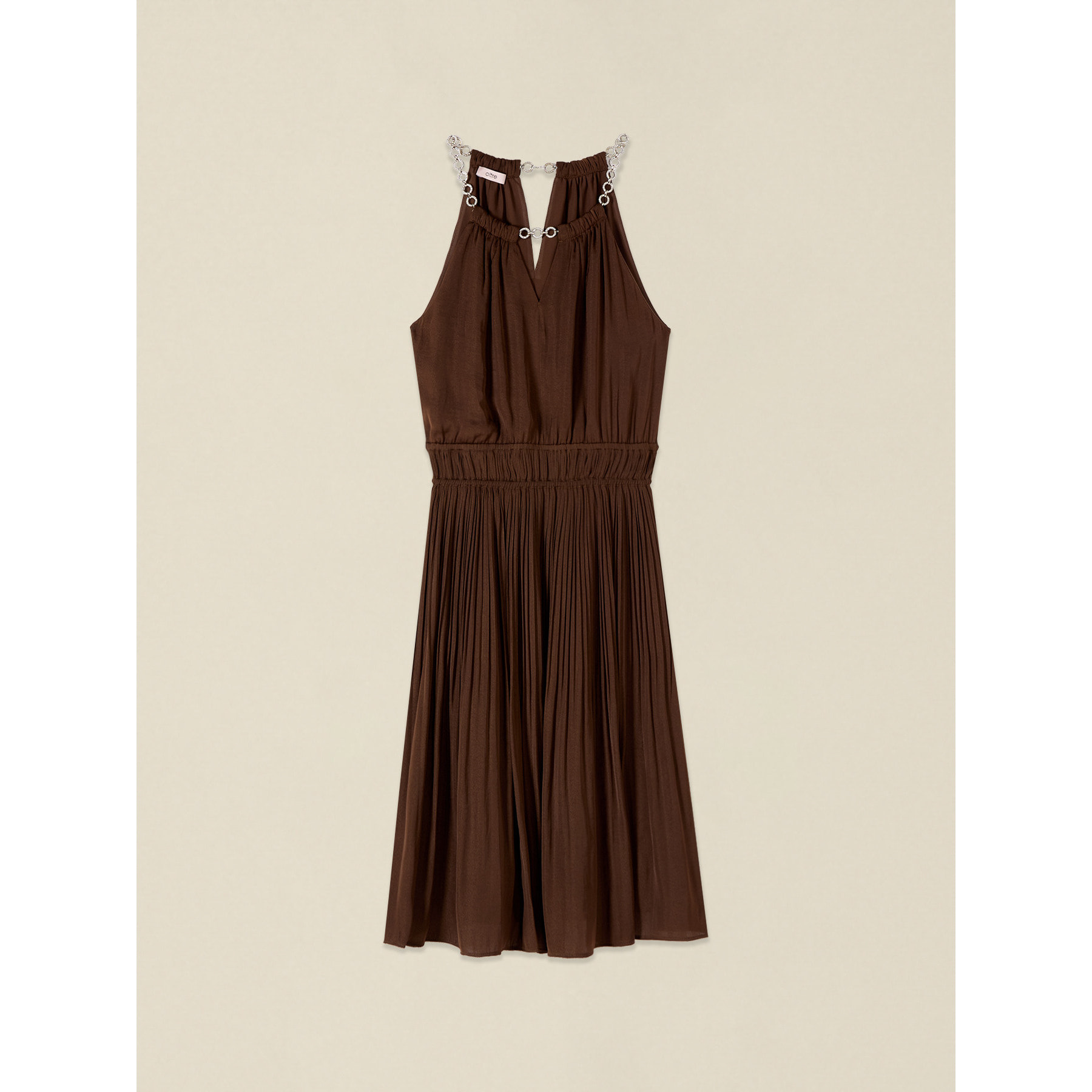 Oltre - Vestito flare in raso con collana gioiello - Marrone