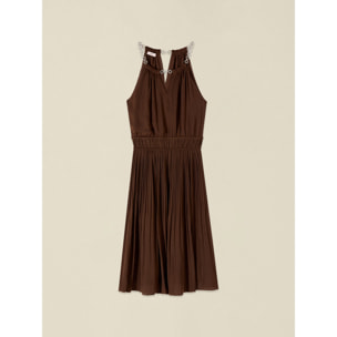 Oltre - Vestito flare in raso con collana gioiello - Marrone