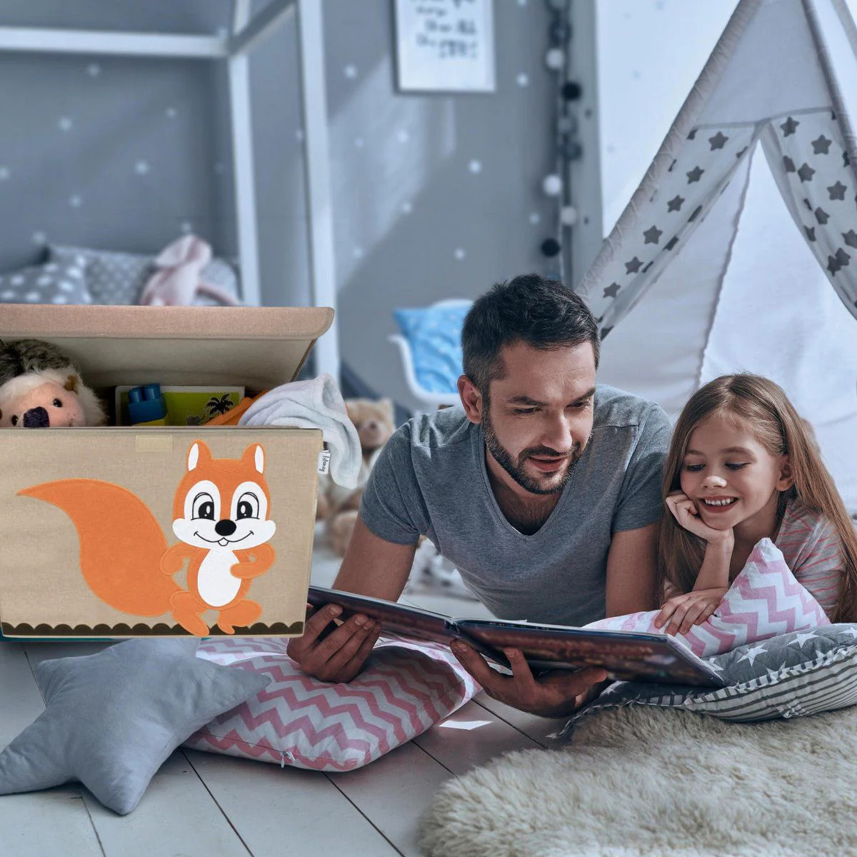 Boîte de rangement en tissu pour enfant grand modèle "écureuil" avec couvercle Lifeney