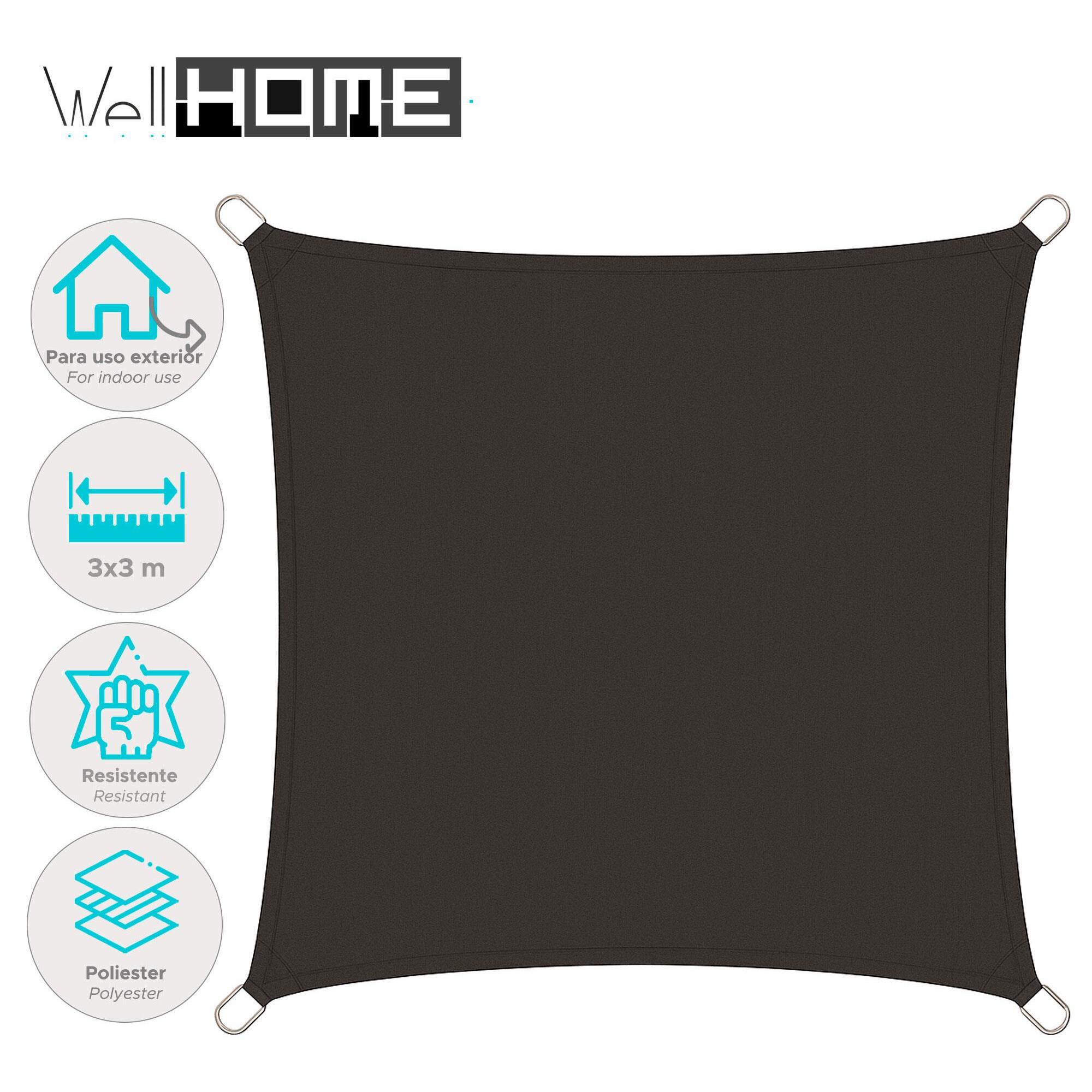 Well Home Paño de Sombra Cuadrado 30x30cm en Poliéster Gris Oscuro con UPF 50+ y Ganchos de Metal