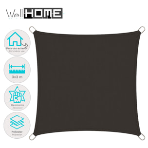 Well Home Paño de Sombra Cuadrado 30x30cm en Poliéster Gris Oscuro con UPF 50+ y Ganchos de Metal