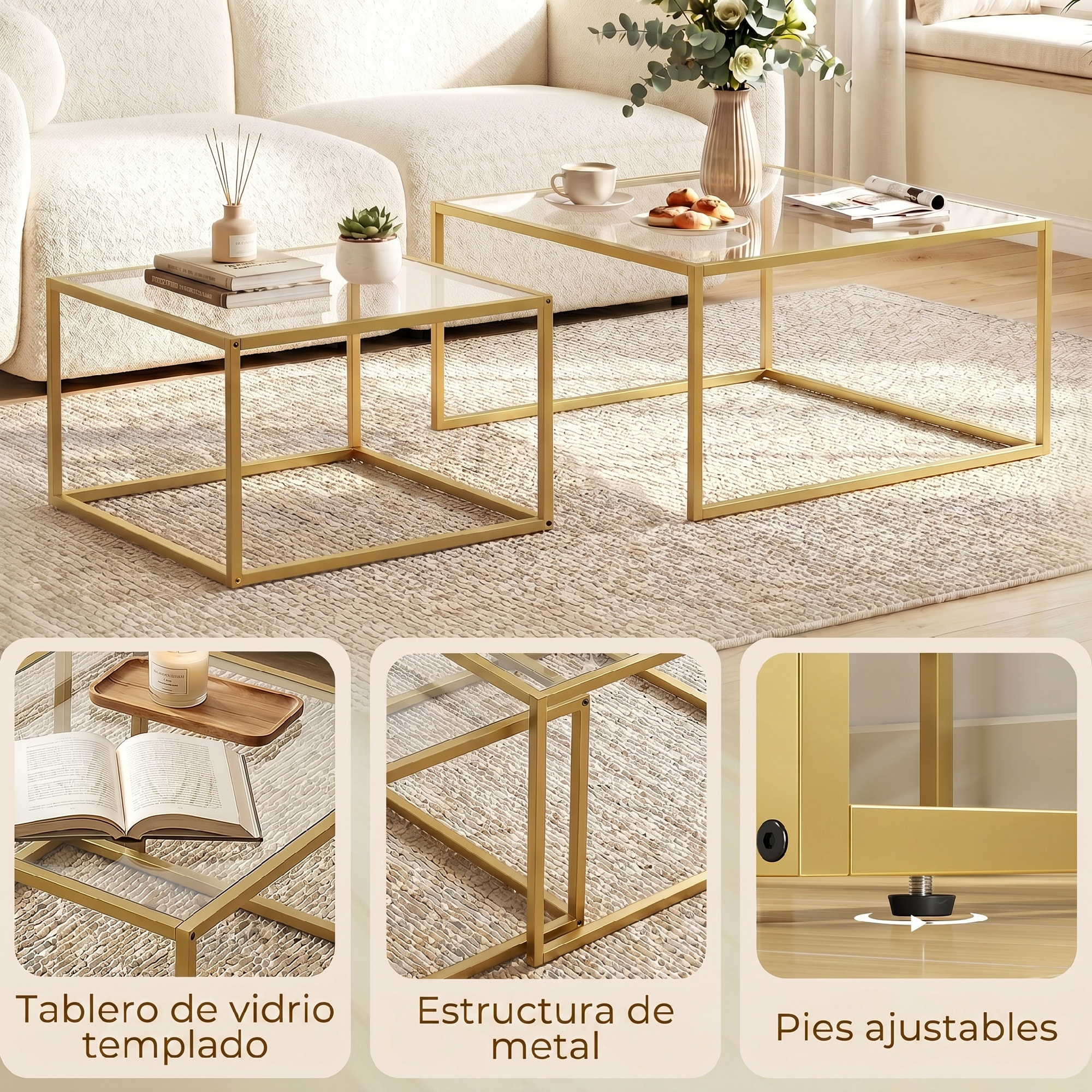 Set de 2 Mesas de Centro Cuadradas, Mesas Nido Modernas con Tablero de Vidrio Templado y Estructura Metálica, Ahorra Espacio, para Salón, Dormitorio u Oficina, 75x75x42 cm, Dorado