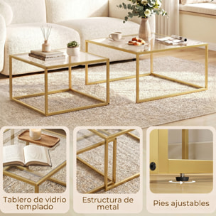 Set de 2 Mesas de Centro Cuadradas, Mesas Nido Modernas con Tablero de Vidrio Templado y Estructura Metálica, Ahorra Espacio, para Salón, Dormitorio u Oficina, 75x75x42 cm, Dorado