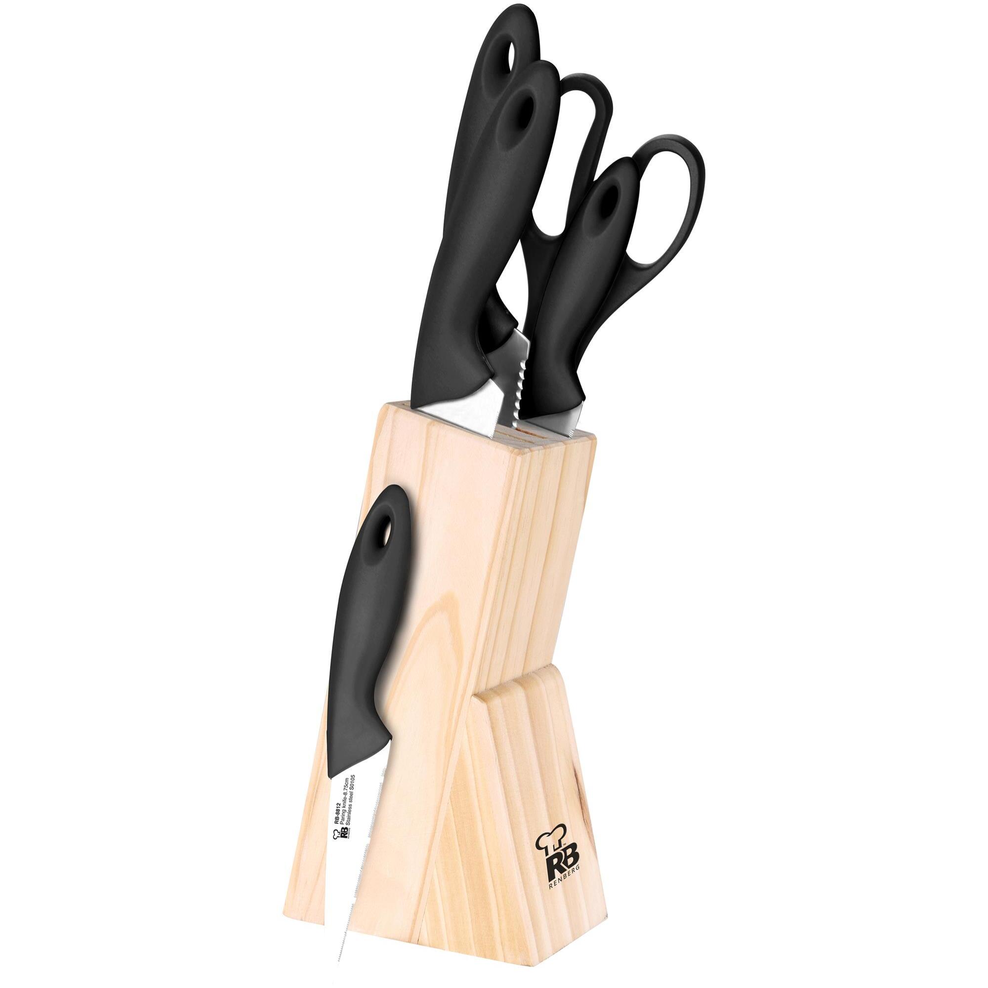 RENBERG Dresde Juego de Cuchillos 6 Piezas con Bloque de Madera, Acero Inoxidable, Color Negro