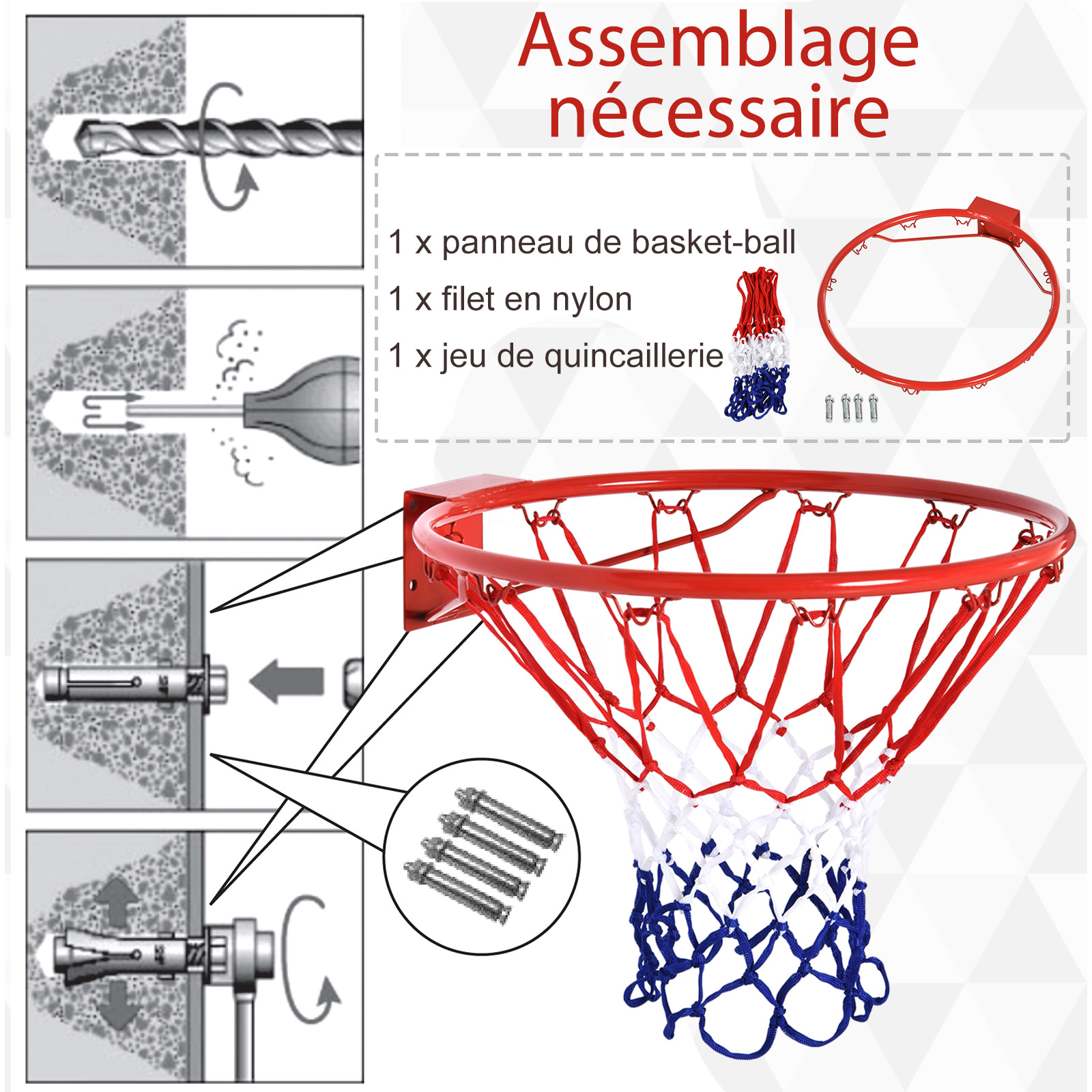 Panier de basket, anneau de basketball avec filet Ø 46 cm, support mural intérieur et extérieur, rouge