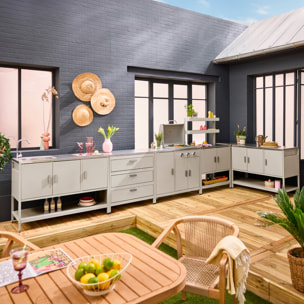 Cuisine extérieure 6 modules avec barbecue en acier inoxydable beige
