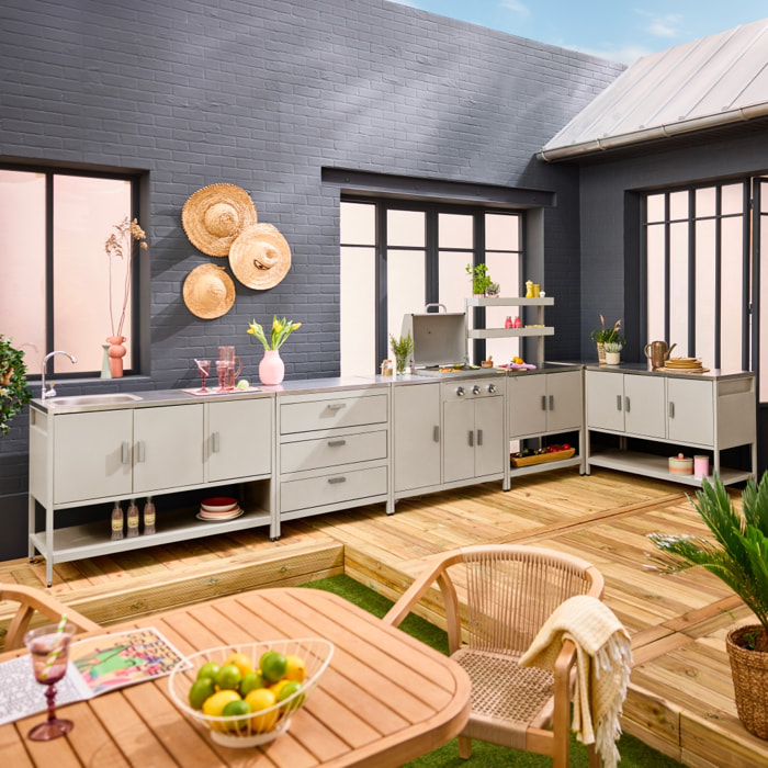 Cuisine extérieure 6 modules avec barbecue en acier inoxydable beige