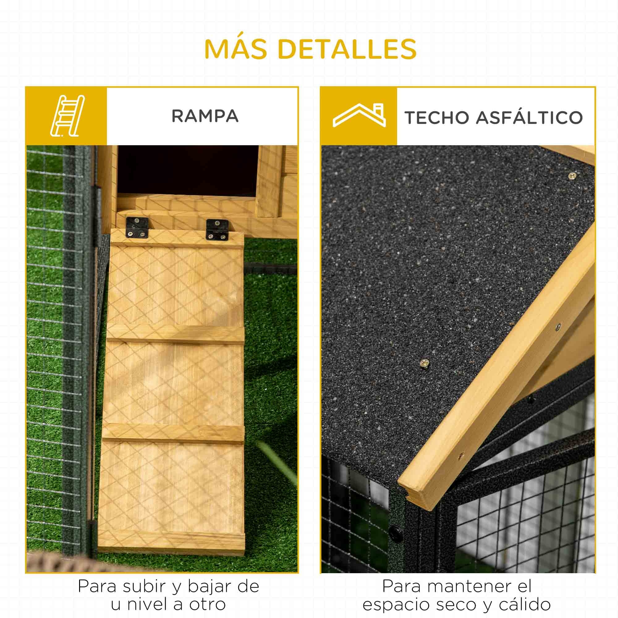 Conejera de Madera de 2 Niveles Jaula para Conejos con Zona Abierta Techo Asfáltico Bandeja Extraíble Puertas y Rampa Conejera para Exterior 120x55,5x80 cm Natural y Negro