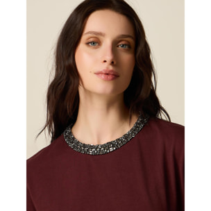 Oltre - T-shirt in cotone con collo gioiello - Bordeaux