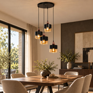 Lustre 4 suspensions en verre ambré métal noir et effet cuivre CUENCA