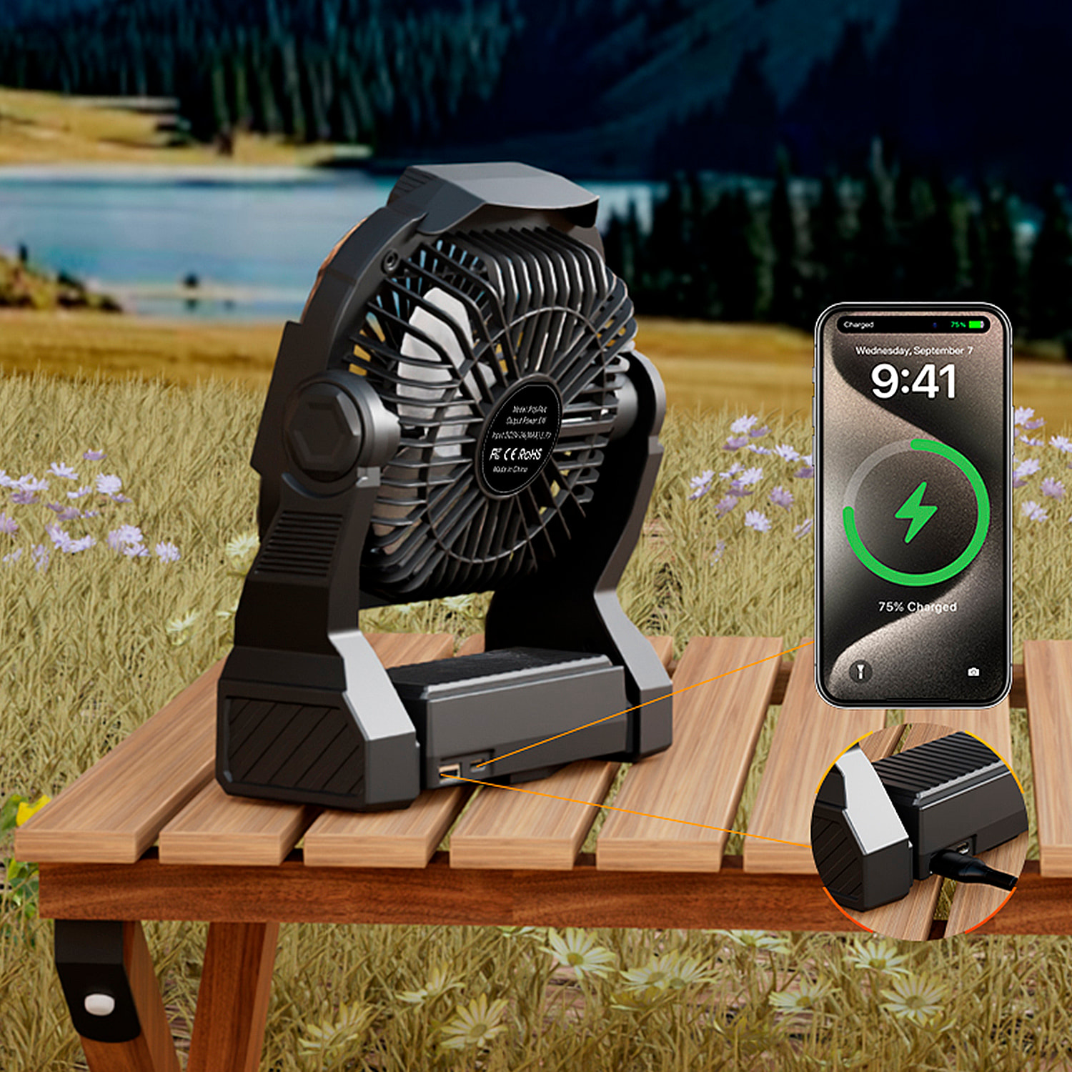 Ventilatore P18 con motore senza spazzole, LED con 4 luci, 4 velocità, 3 livelli di luce. Angolo regolabile di 90º, gancio per appendere e powerbank da 5200 mAh.