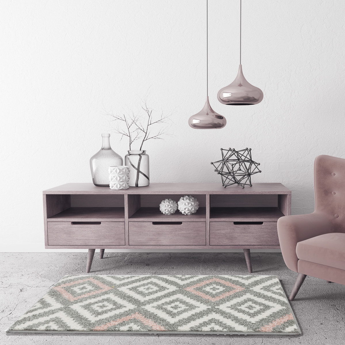 Tavla - tapis de salon en laine artificielle motif graphique rose et gris