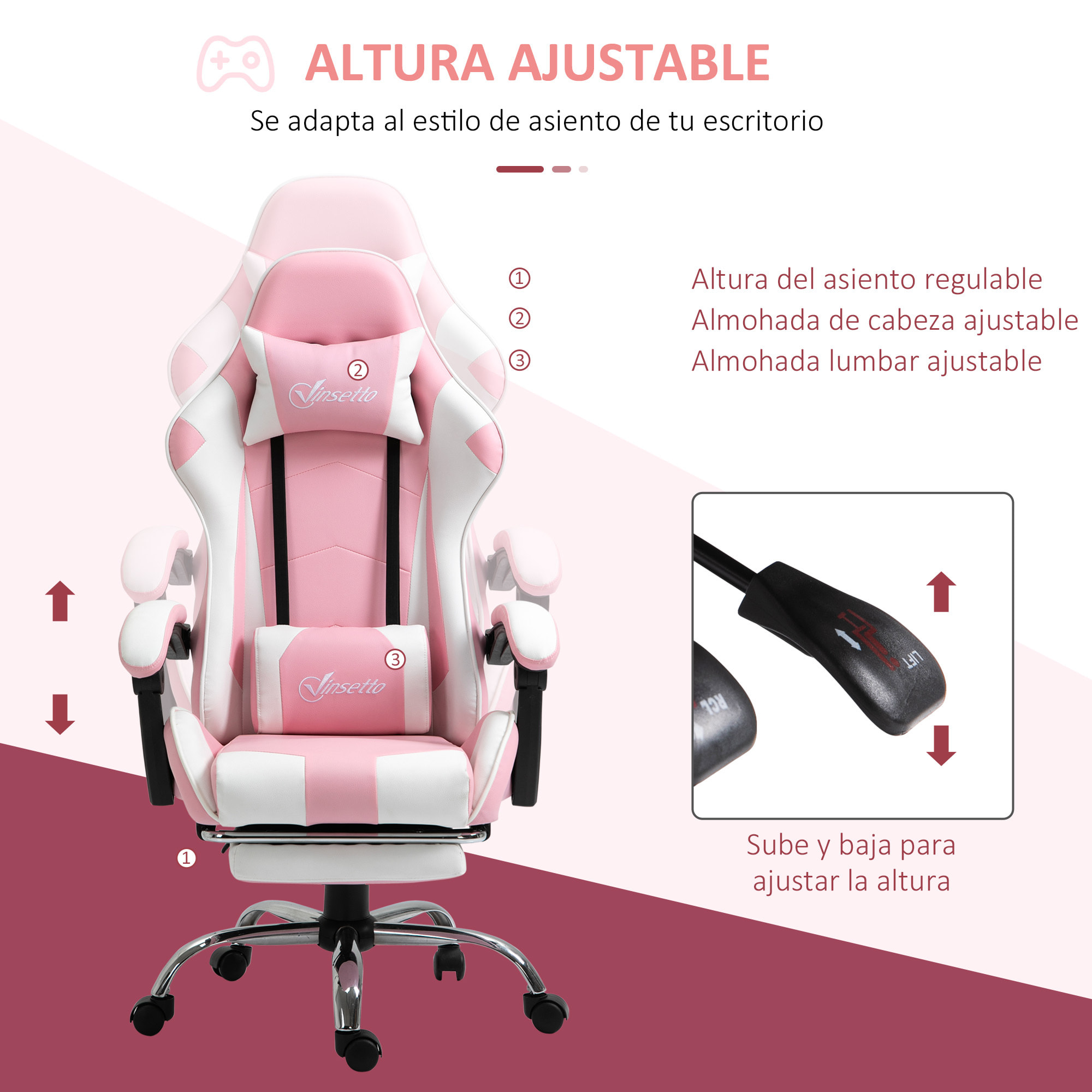 Silla Gaming Reclinable Silla Gamer Giratoria con Reposacabezas Reposapiés Cojín Lumbar Altura Ajustable para Oficina Estudio 64x67x119-127 cm Rosa