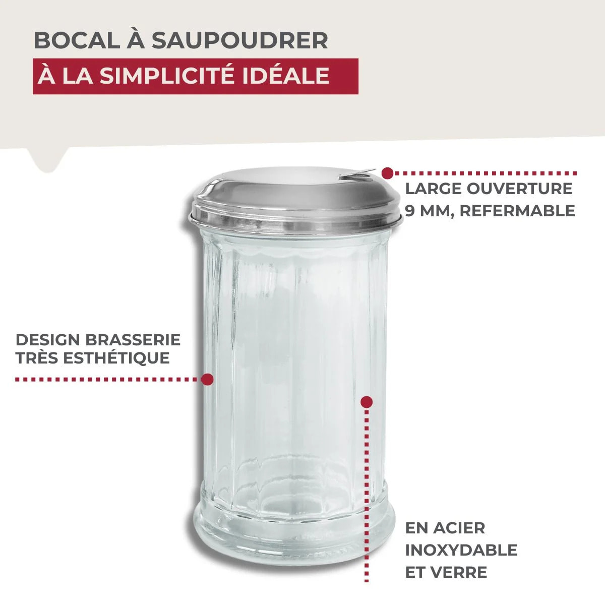Saupoudreuse en verre et couvercle inox 14 cm Fackelmann Basic