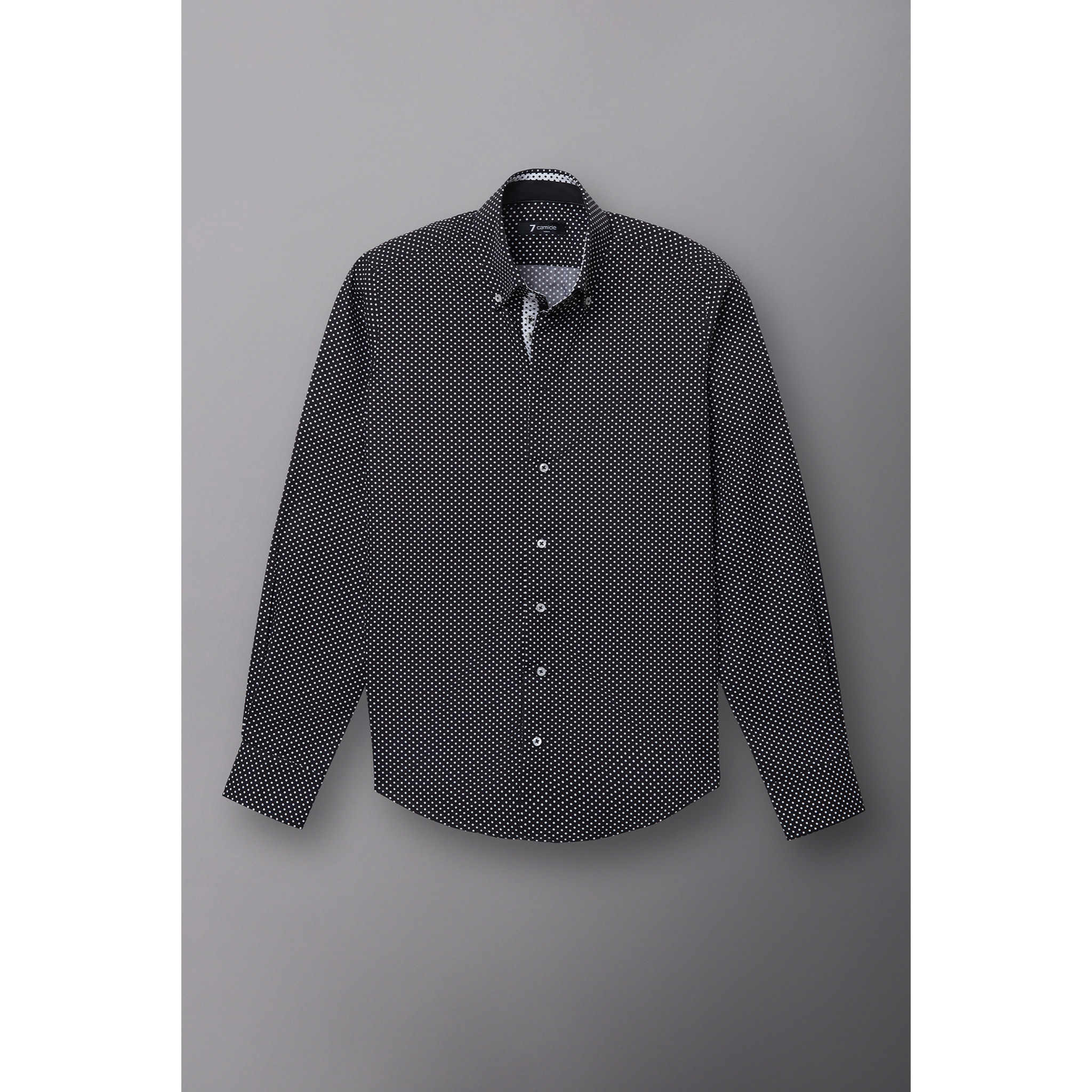 Camicia Uomo 2 Bottoni Button Down Slim Popeline Stampato Nero/Bianco