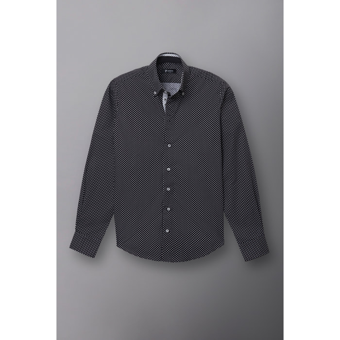 Camicia Uomo 2 Bottoni Button Down Slim Popeline Stampato Nero/Bianco