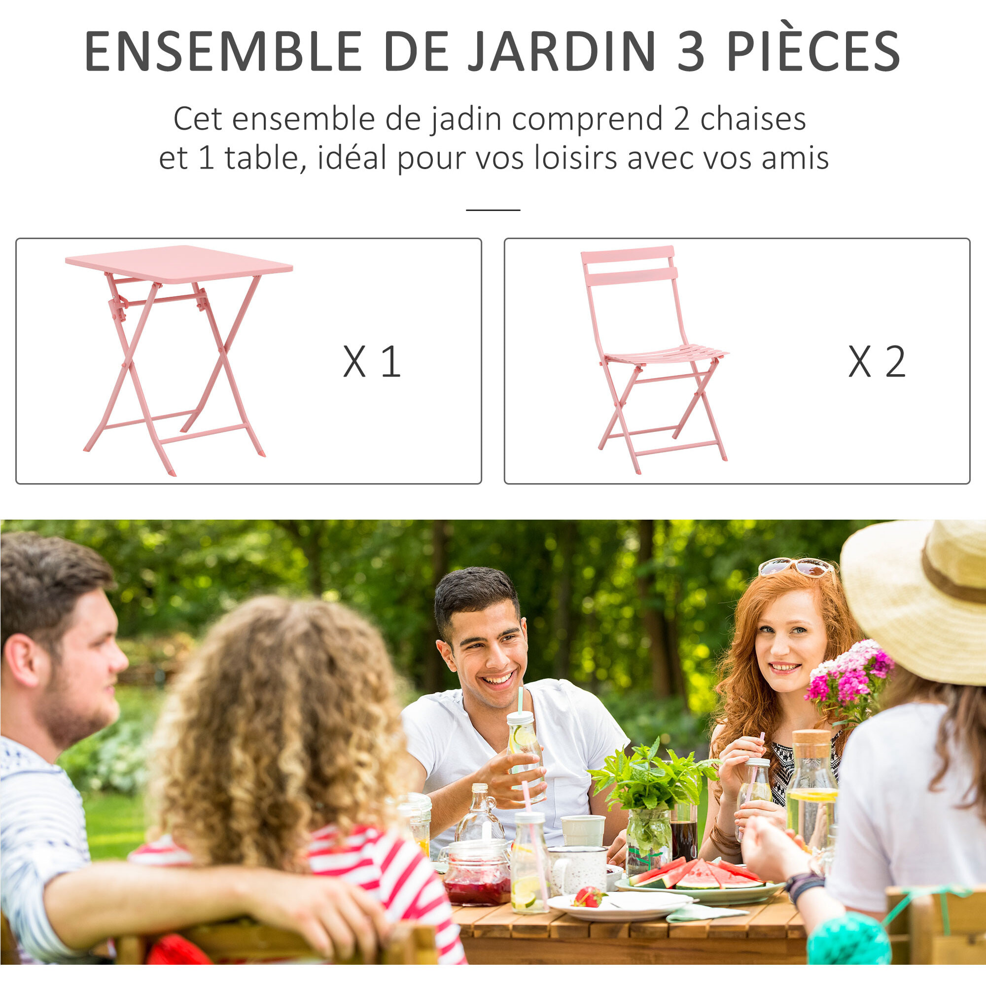 Salon de jardin bistro pliable - table carrée dim. 60L x 60l x 71H cm avec 2 chaises - métal thermolaqué rose