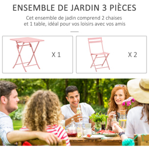 Salon de jardin bistro pliable - table carrée dim. 60L x 60l x 71H cm avec 2 chaises - métal thermolaqué rose