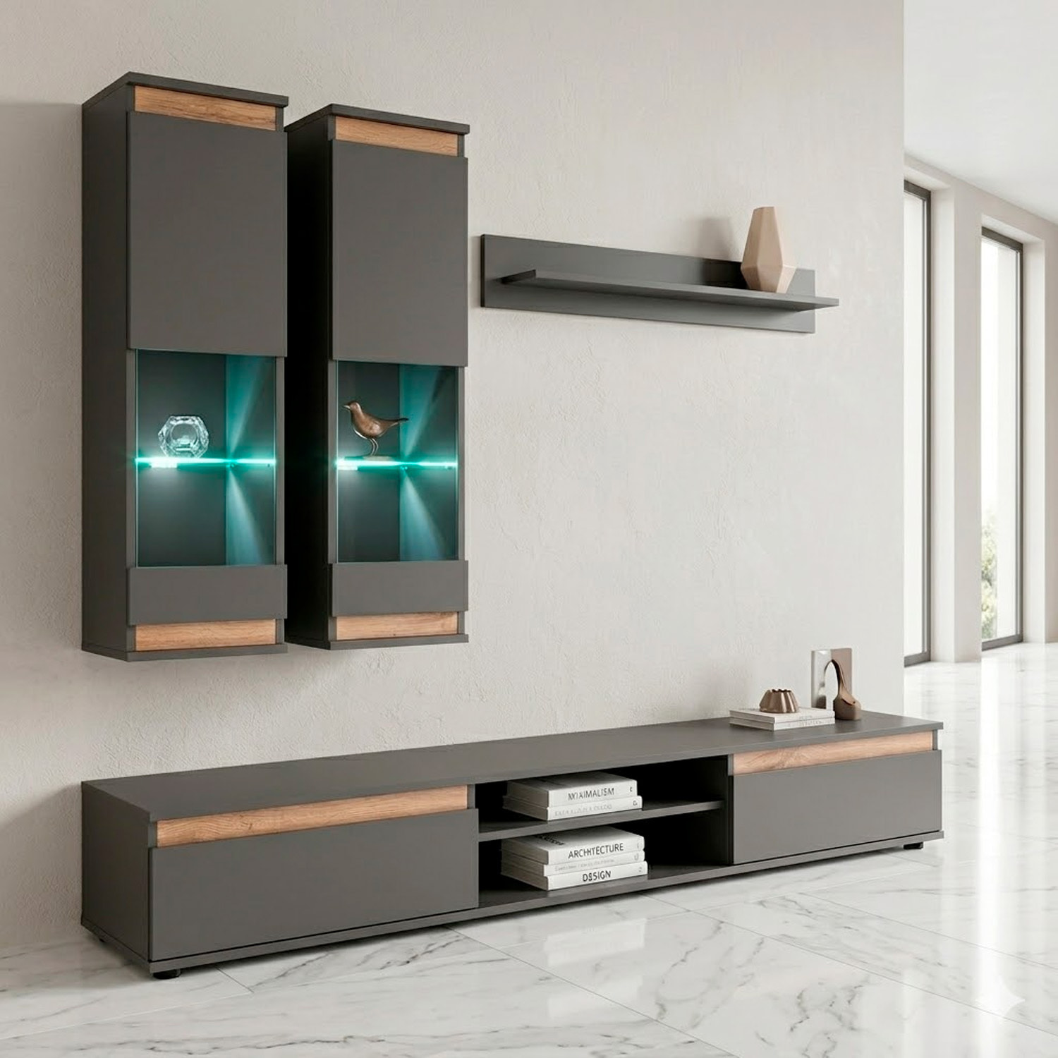 Parete Attrezzata Soggiorno Mobile Tv Vetrine Led Mensola Moderno Living Arredo Contenitore Vani Giorno Resistente 175x 150x 37 Cm Antracite E Rovere